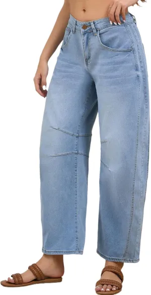 LaiyiVic Barrel Jeans for Women Wide Leg Mid Waist Cropped Denim Pants Baggy Boyfriend Jeans