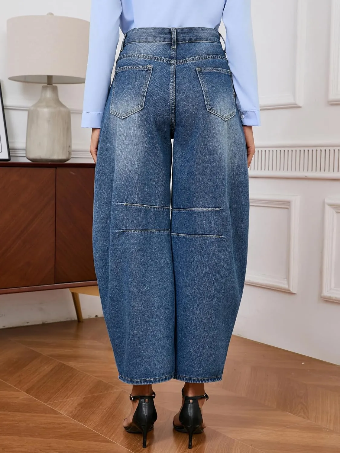 LaiyiVic Barrel Jeans for Women Wide Leg Mid Waist Cropped Denim Pants Baggy Boyfriend Jeans