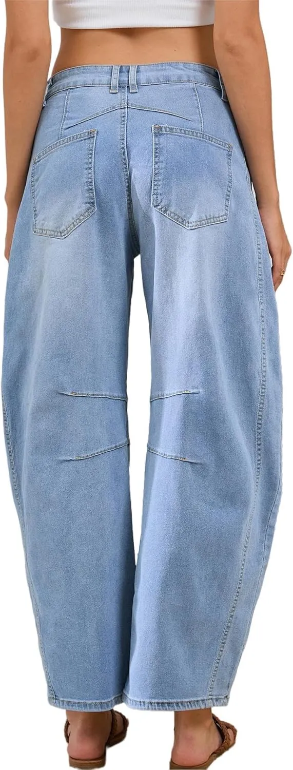 LaiyiVic Barrel Jeans for Women Wide Leg Mid Waist Cropped Denim Pants Baggy Boyfriend Jeans