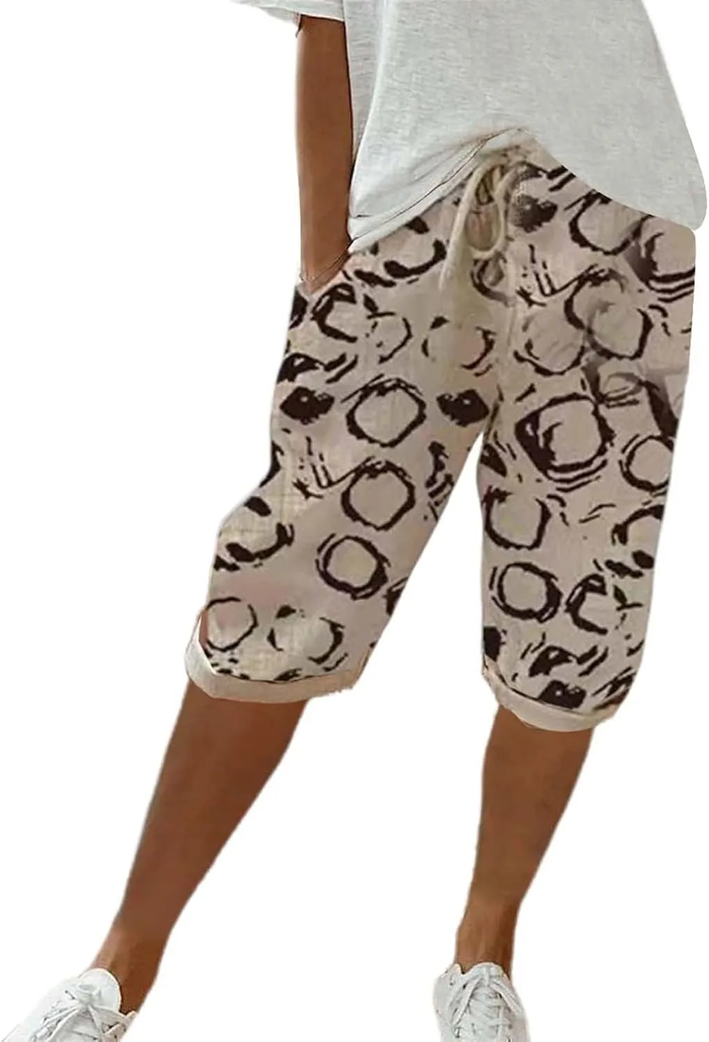 Linen Capri Pants Women Summer Linen Pants Casual with Pockets Lounge Casual Pant Going Out Drawstring Trousers