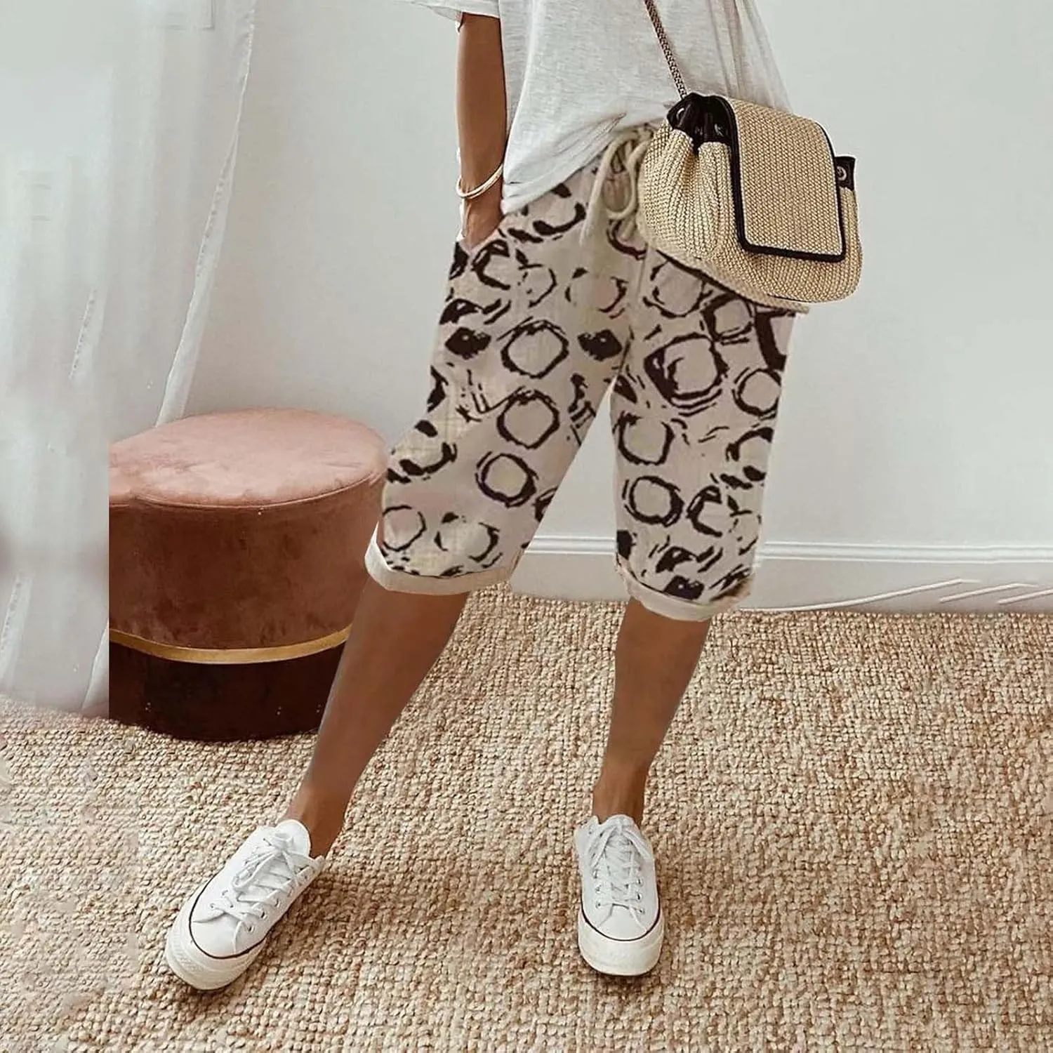 Linen Capri Pants Women Summer Linen Pants Casual with Pockets Lounge Casual Pant Going Out Drawstring Trousers