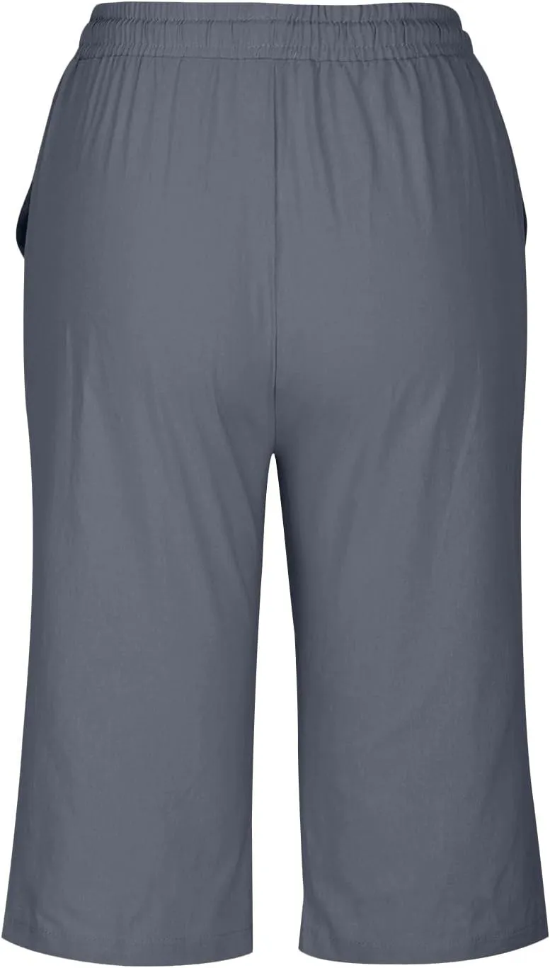 Linen Capri Pants Women Summer Linen Pants Casual with Pockets Lounge Casual Pant Going Out Drawstring Trousers