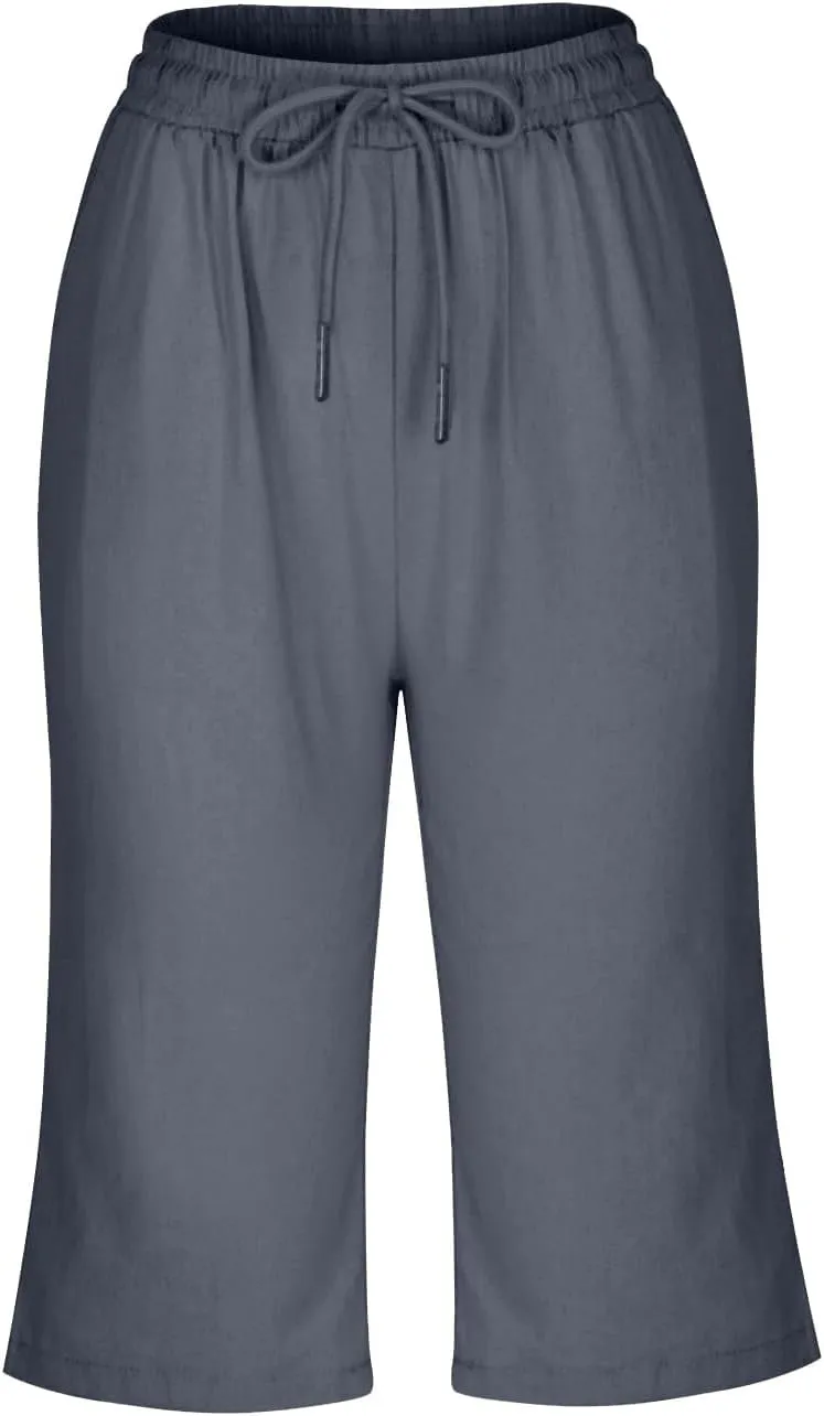 Linen Capri Pants Women Summer Linen Pants Casual with Pockets Lounge Casual Pant Going Out Drawstring Trousers