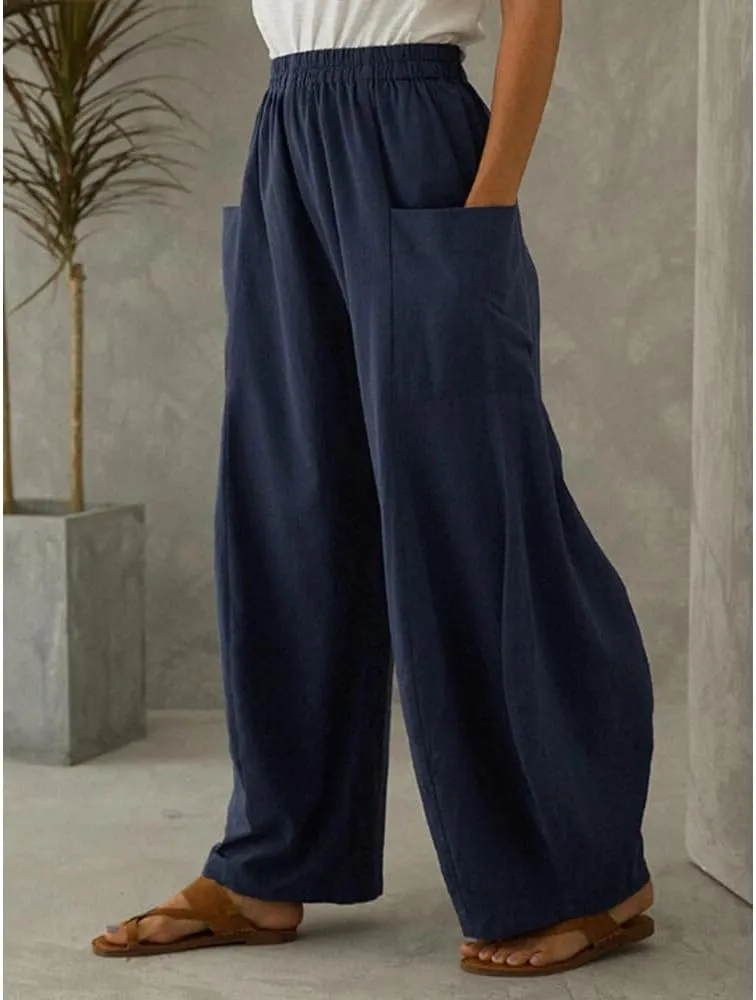 Linen Pants Women Casual Wide Leg Pants Casual Loose High Waist Lantern Beach Palazzo Pants with Pockets