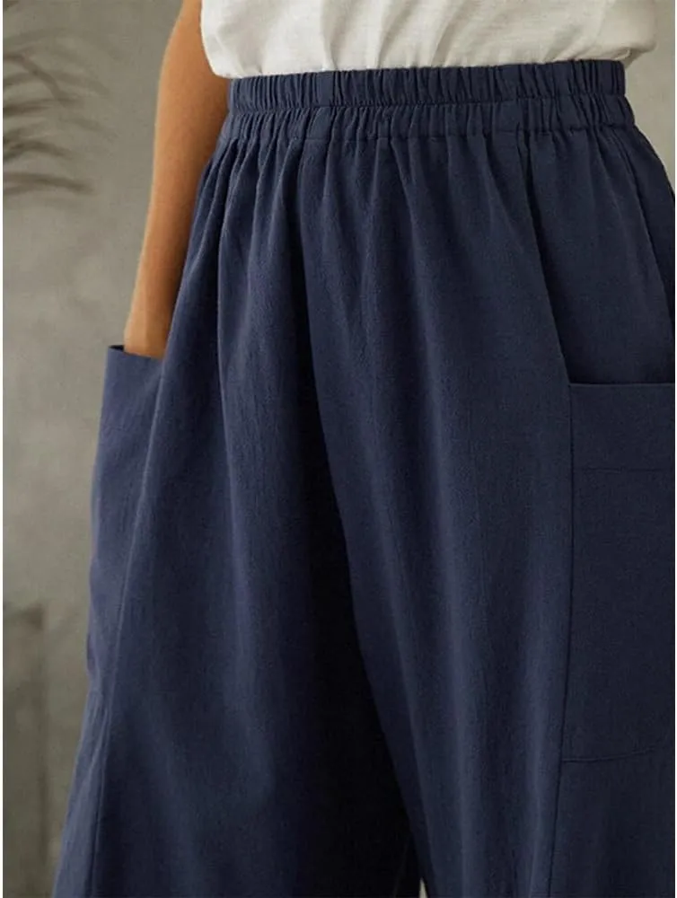 Linen Pants Women Casual Wide Leg Pants Casual Loose High Waist Lantern Beach Palazzo Pants with Pockets