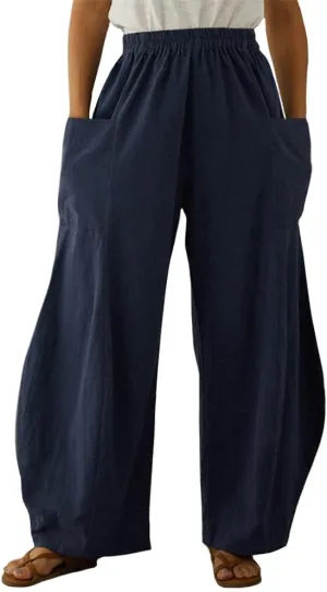 Linen Pants Women Casual Wide Leg Pants Casual Loose High Waist Lantern Beach Palazzo Pants with Pockets