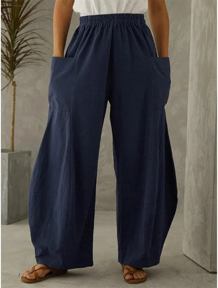 Linen Pants Women Casual Wide Leg Pants Casual Loose High Waist Lantern Beach Palazzo Pants with Pockets