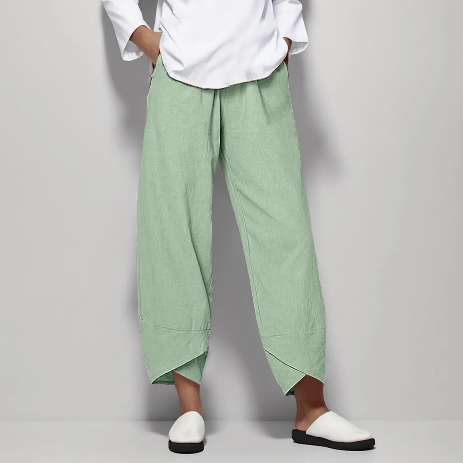 Linen Pants Women Pants Casual Cropped Baggy Trousers Elastic Waisted Yoga Comfy Casual Pants