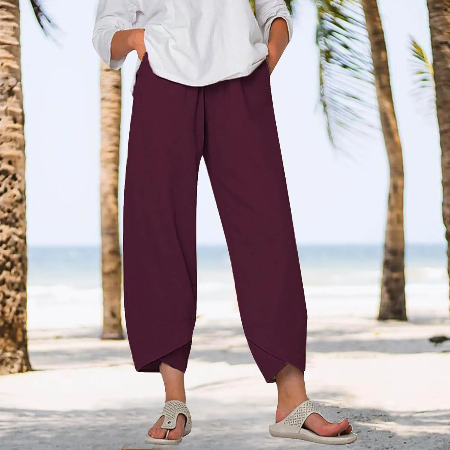Linen Pants Women Pants Casual Cropped Baggy Trousers Elastic Waisted Yoga Comfy Casual Pants