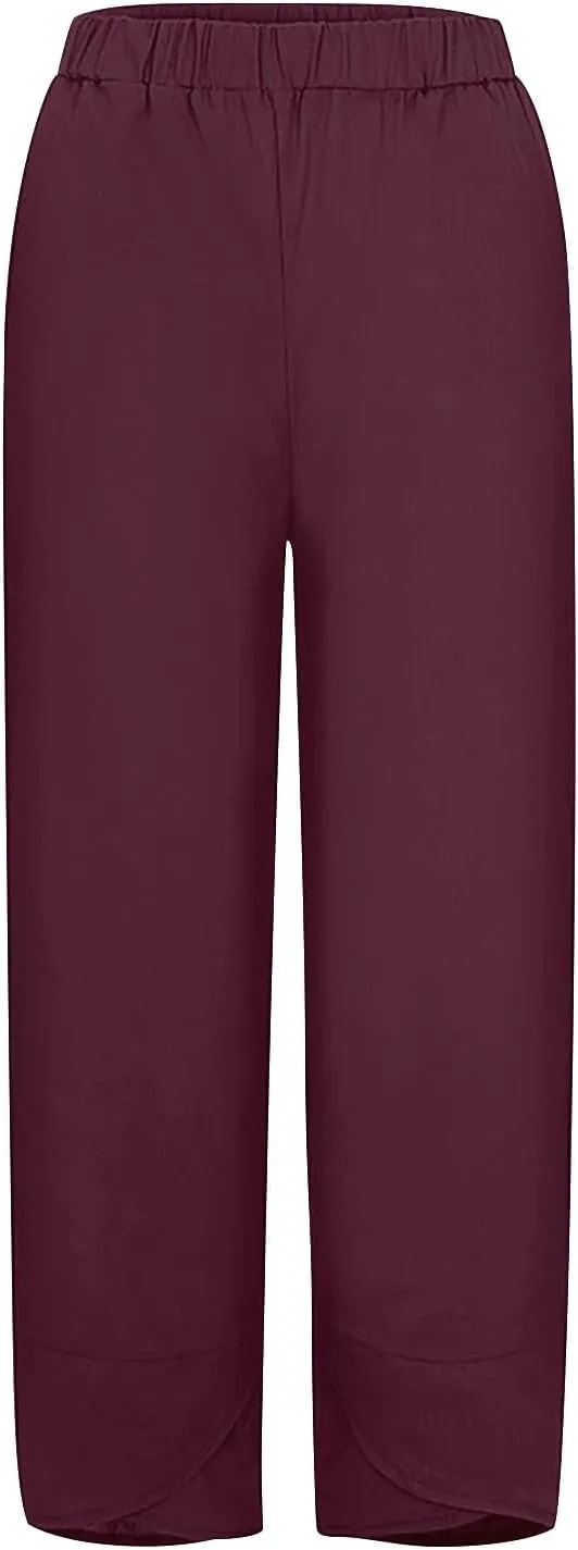 Linen Pants Women Pants Casual Cropped Baggy Trousers Elastic Waisted Yoga Comfy Casual Pants