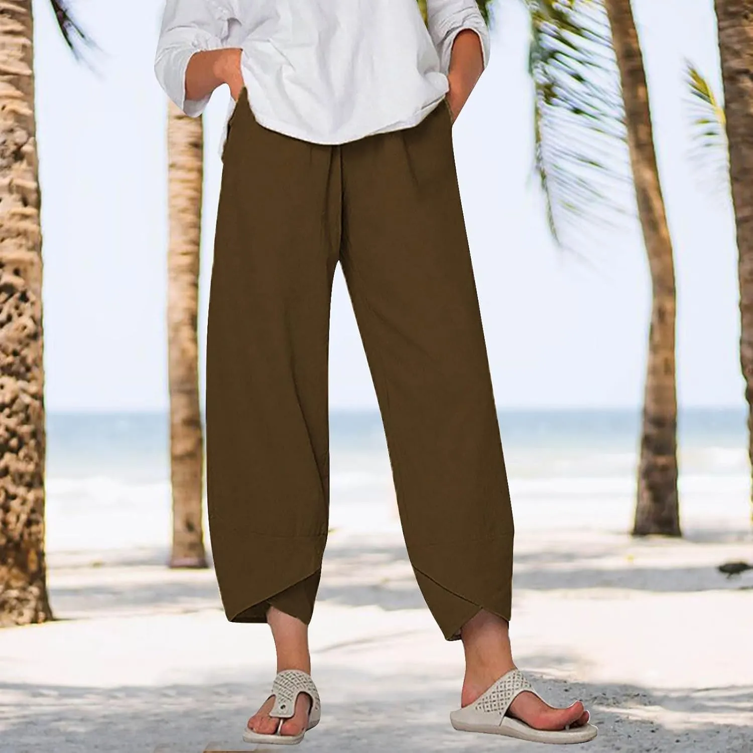 Linen Pants Women Pants Casual Cropped Baggy Trousers Elastic Waisted Yoga Comfy Casual Pants