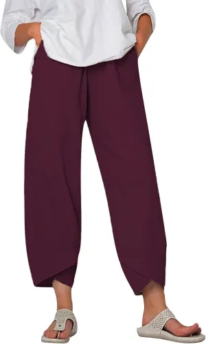 Linen Pants Women Pants Casual Cropped Baggy Trousers Elastic Waisted Yoga Comfy Casual Pants