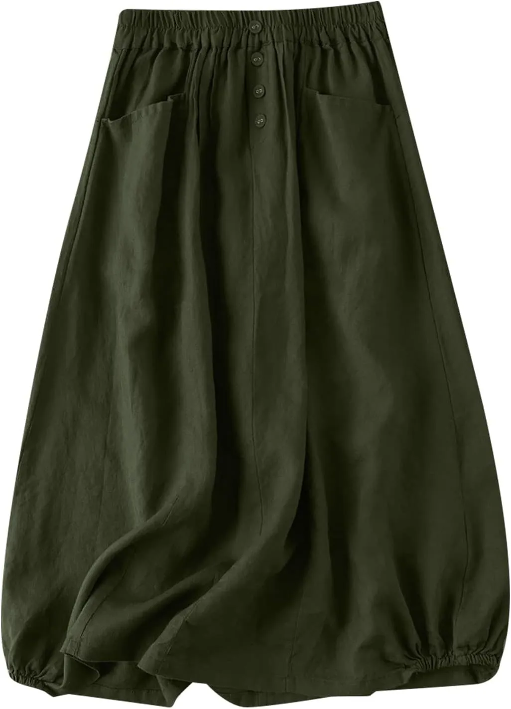 Linen Skirts for Women Button Front Elastic Waist A-Line Midi Skirt Summer Casual Flowy Swing Skirts with Pockets