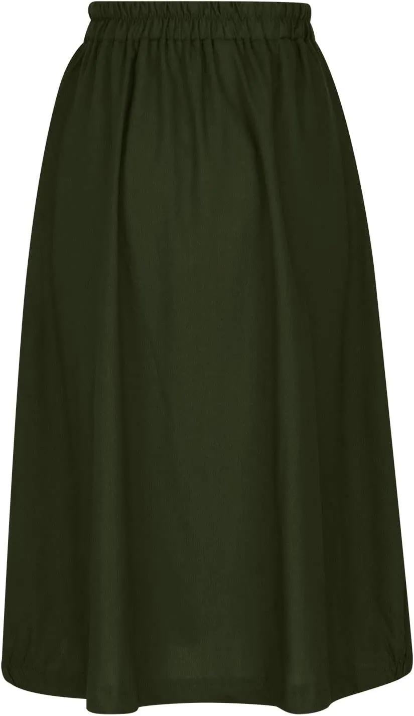 Linen Skirts for Women Button Front Elastic Waist A-Line Midi Skirt Summer Casual Flowy Swing Skirts with Pockets