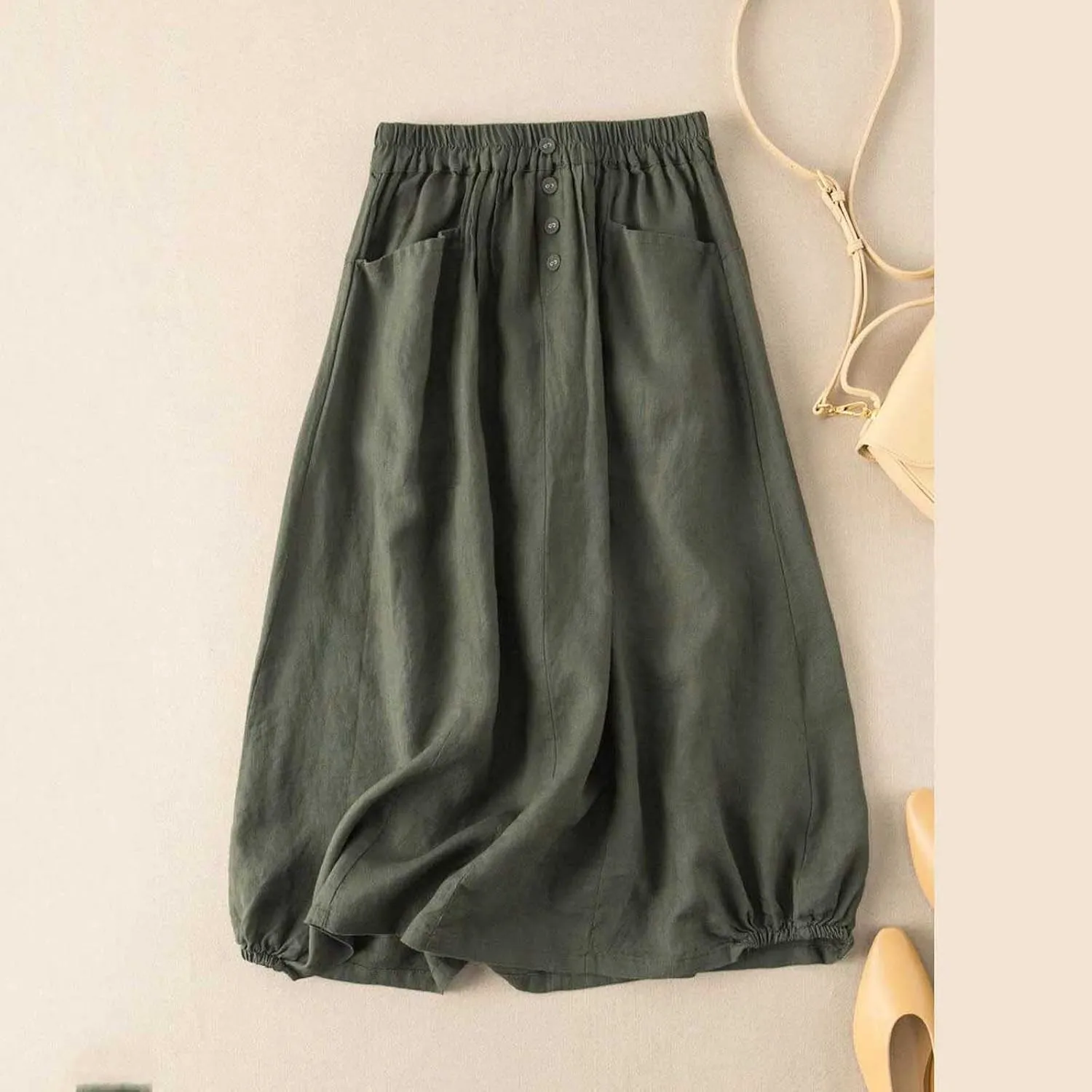 Linen Skirts for Women Button Front Elastic Waist A-Line Midi Skirt Summer Casual Flowy Swing Skirts with Pockets