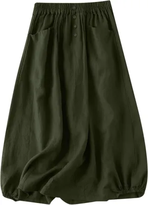 Linen Skirts for Women Button Front Elastic Waist A-Line Midi Skirt Summer Casual Flowy Swing Skirts with Pockets