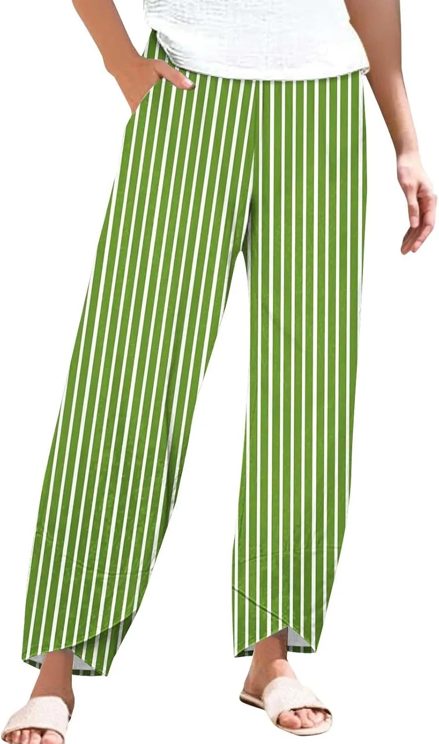 Loose Casual Capri Cotton Pants Women Casual Striped Linen Trousers High Waist Elastic Lounge Beach