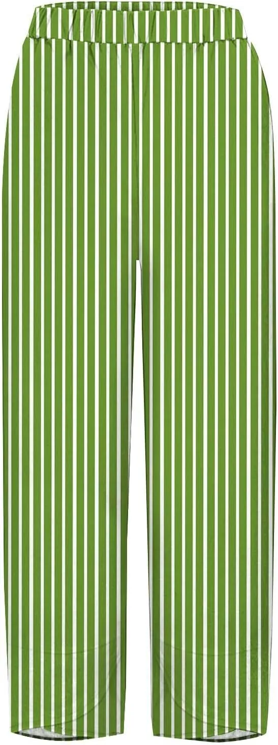Loose Casual Capri Cotton Pants Women Casual Striped Linen Trousers High Waist Elastic Lounge Beach