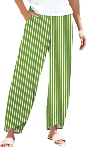 Loose Casual Capri Cotton Pants Women Casual Striped Linen Trousers High Waist Elastic Lounge Beach