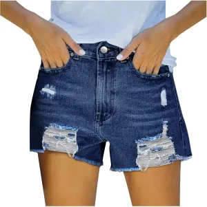 Lpmadey Women Casual High Waisted Denim Shorts Frayed Raw Hem Ripped Jeans Shorts Distressed Jean Shorts Stretchy Short Jeans