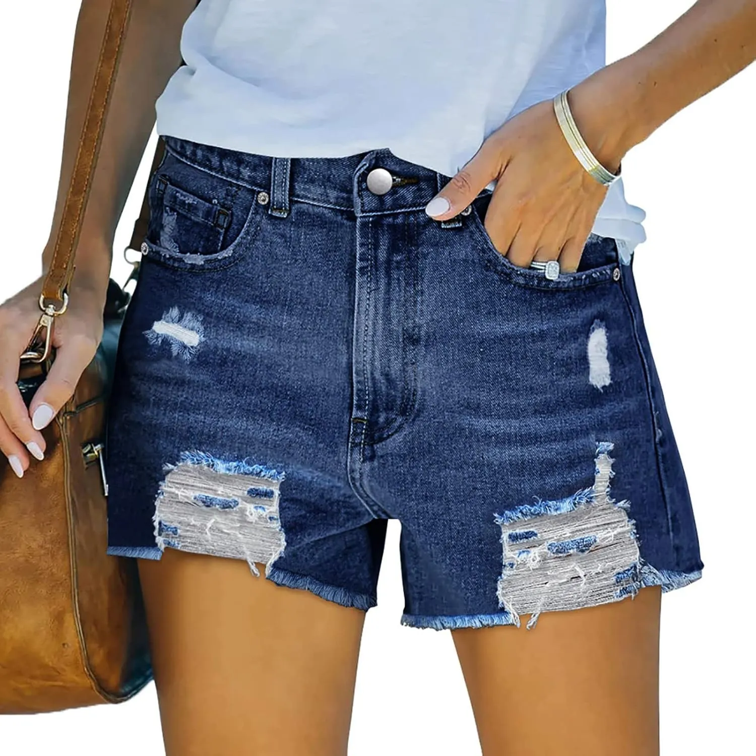 Lpmadey Women Casual High Waisted Denim Shorts Frayed Raw Hem Ripped Jeans Shorts Distressed Jean Shorts Stretchy Short Jeans