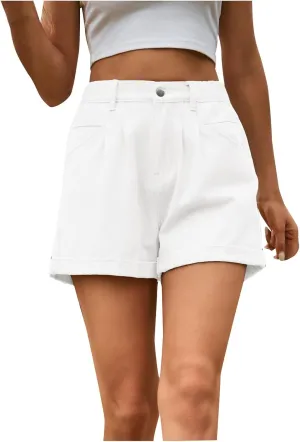 Lpmadey Women Summer High Waisted Sewn Cuffed Hem Buttons Denim Jean Shorts Distressed Denim Shorts Casual Short Jeans