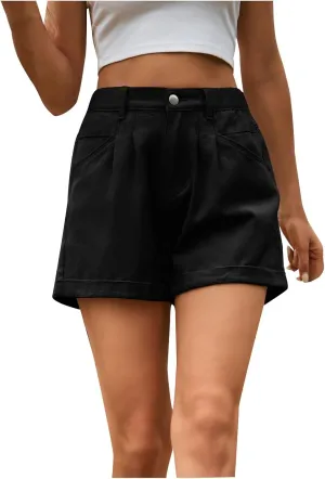 Lpmadey Women Summer High Waisted Sewn Cuffed Hem Buttons Denim Jean Shorts Distressed Denim Shorts Casual Short Jeans