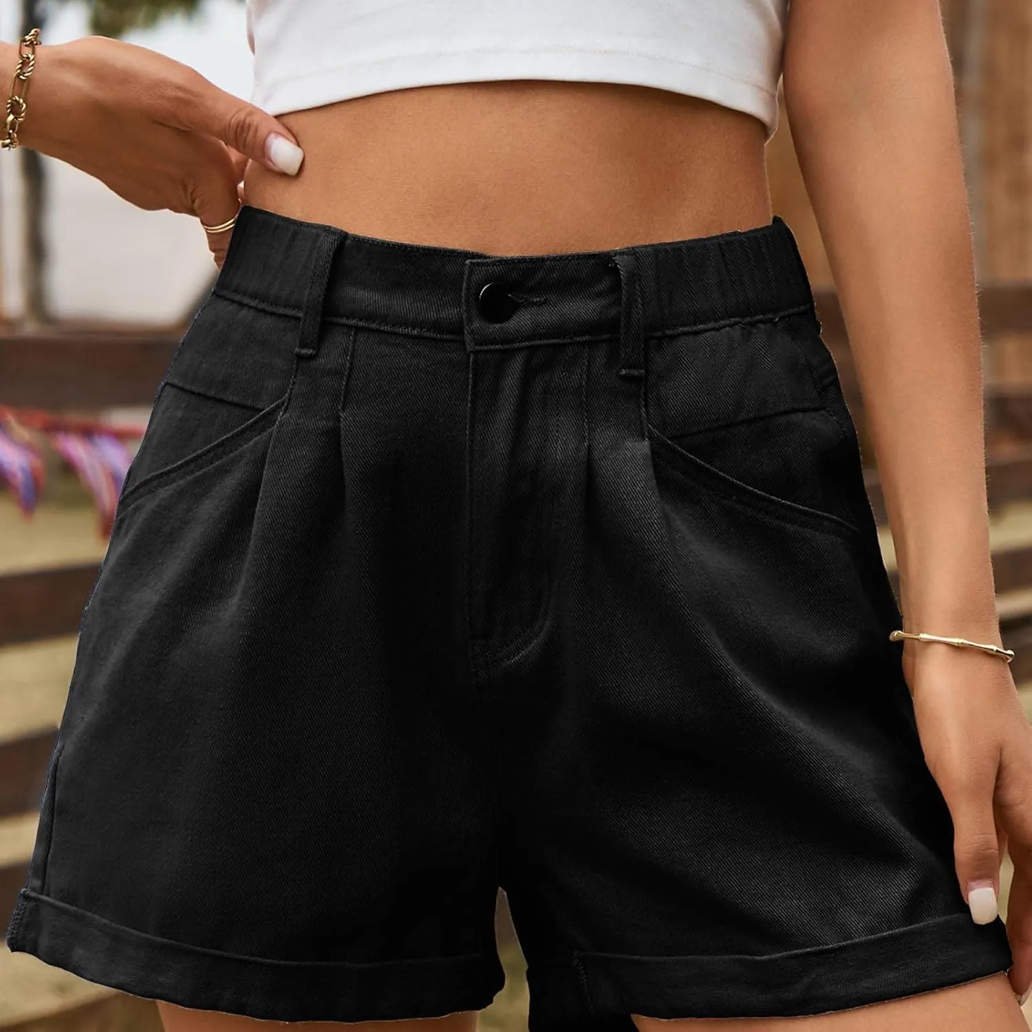 Lpmadey Women Summer High Waisted Sewn Cuffed Hem Buttons Denim Jean Shorts Distressed Denim Shorts Casual Short Jeans