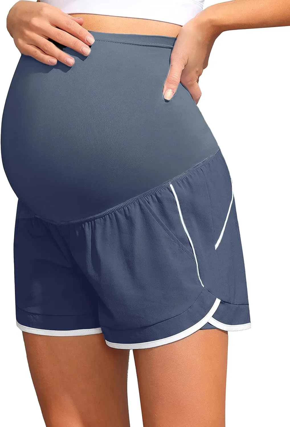 Maacie Maternity Shorts Double Layer 2 in 1 High Waist Athletic Shorts with Pockets