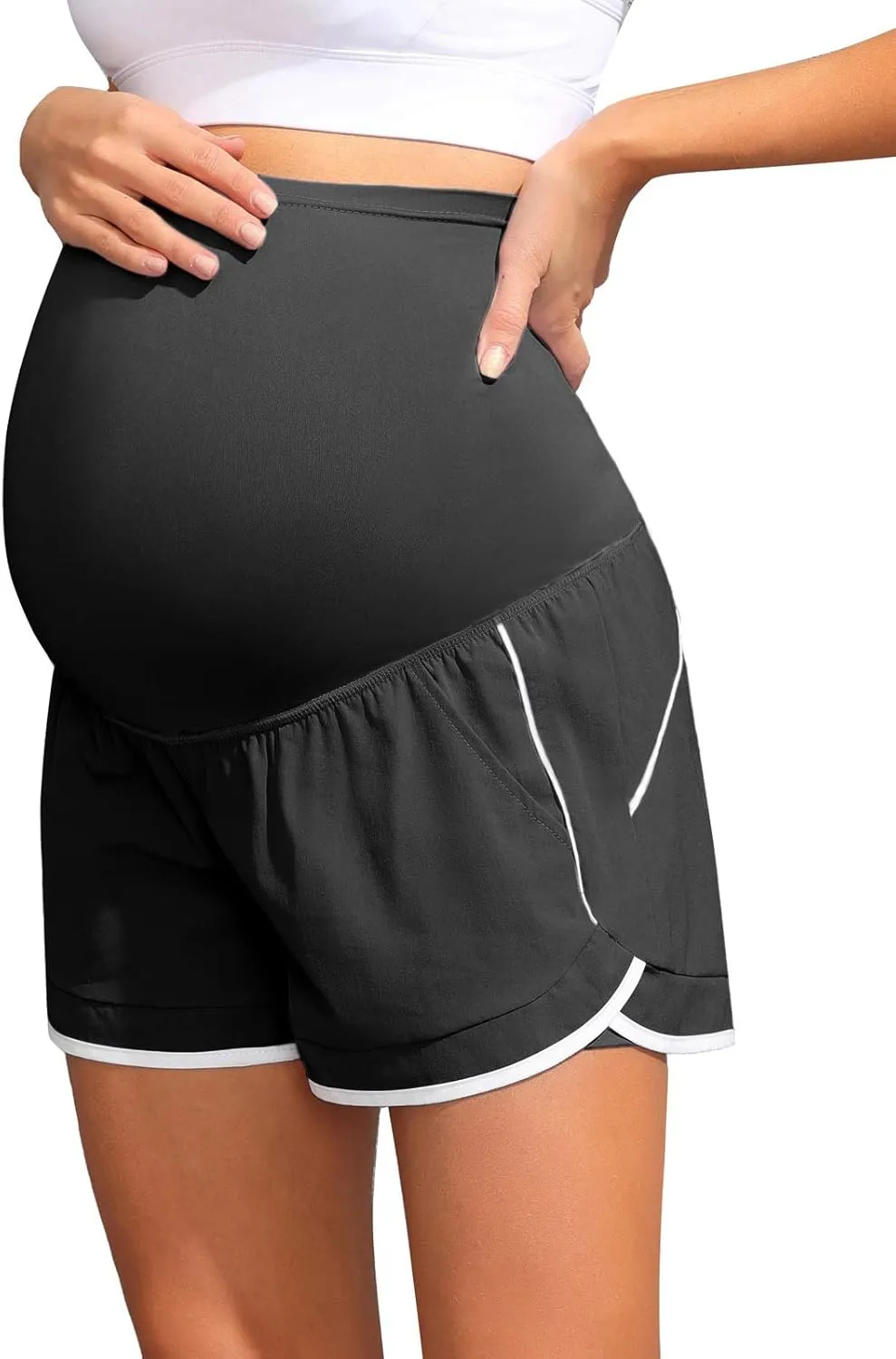 Maacie Maternity Shorts Double Layer 2 in 1 High Waist Athletic Shorts with Pockets