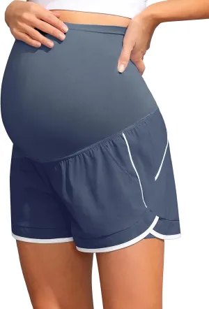 Maacie Maternity Shorts Double Layer 2 in 1 High Waist Athletic Shorts with Pockets