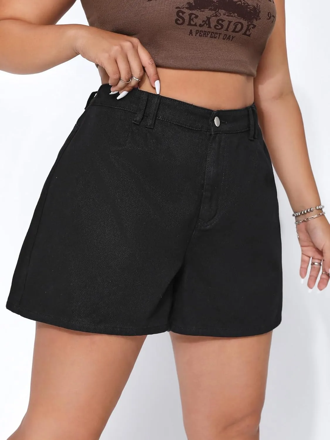 MakeMeChic Women's Plus Size Jean Shorts Elastic High Waisted Wide Leg Denim Shorts