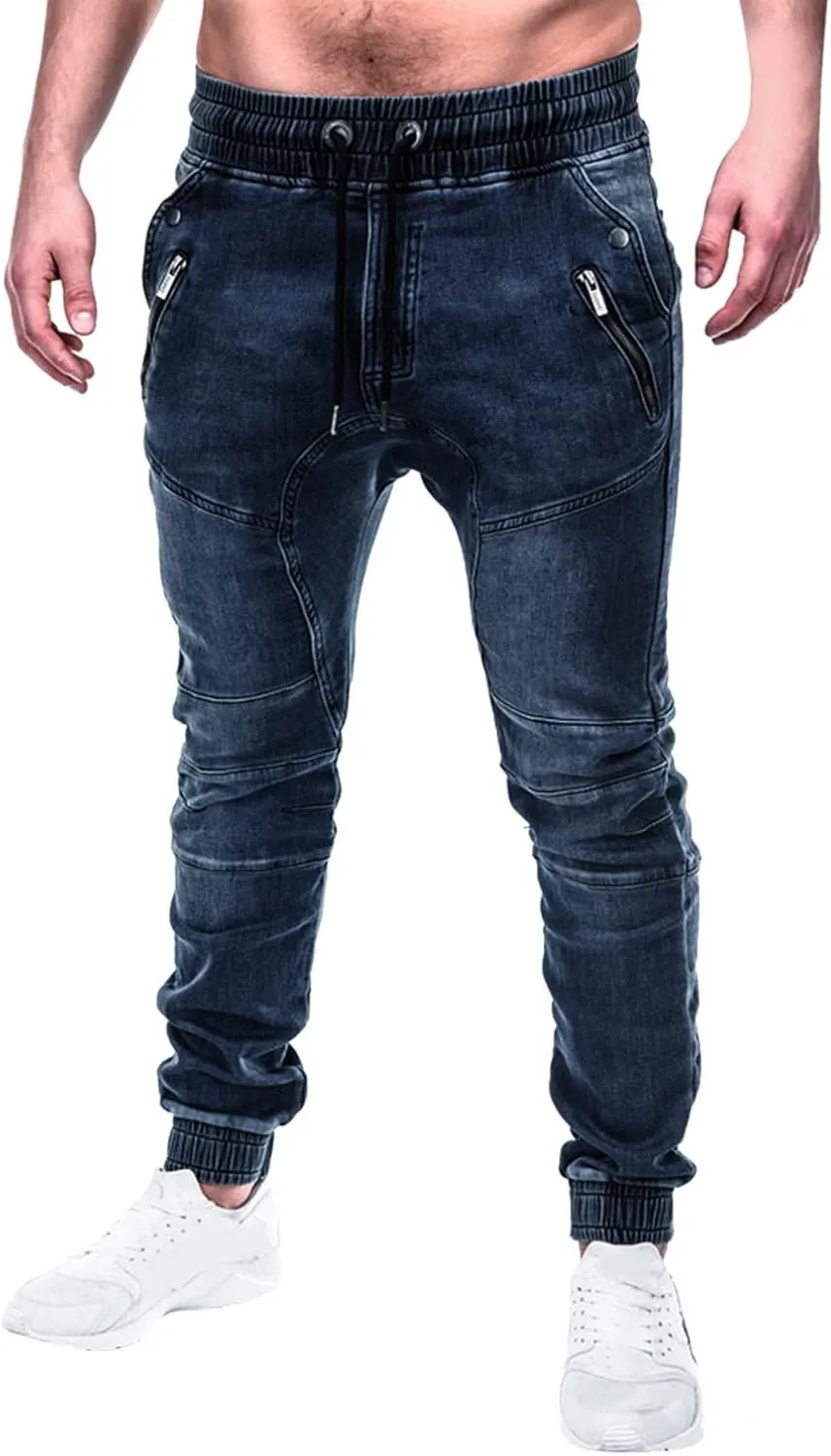 Male Casual Fashion Plus Size Pocket Drawstring Waist Solid Color Slim Toe Jeans Skinny Slim Fit Mens Jeans Mens