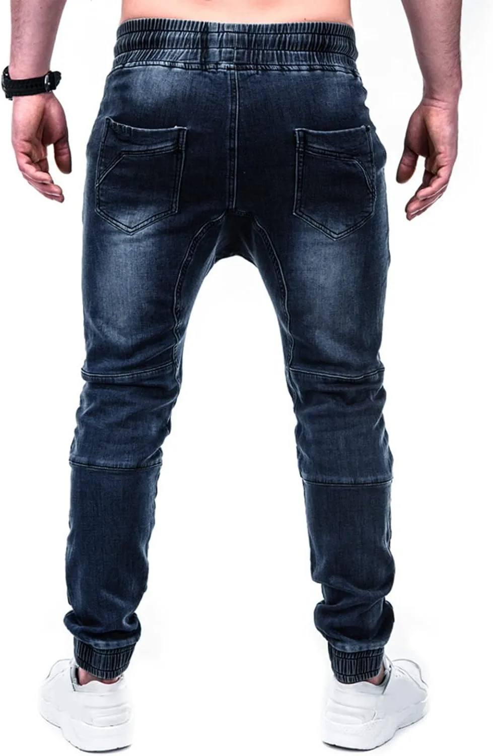 Male Casual Fashion Plus Size Pocket Drawstring Waist Solid Color Slim Toe Jeans Skinny Slim Fit Mens Jeans Mens