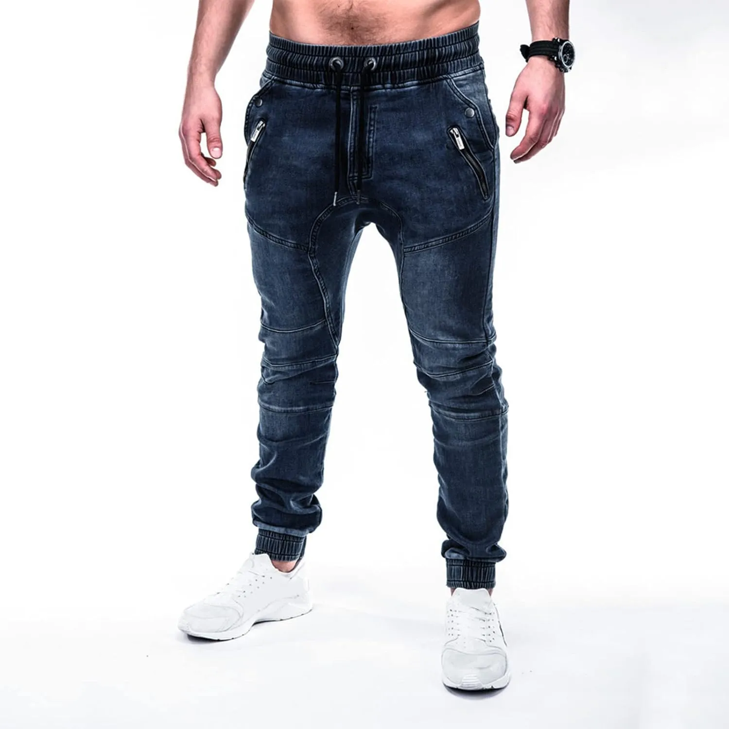 Male Casual Fashion Plus Size Pocket Drawstring Waist Solid Color Slim Toe Jeans Skinny Slim Fit Mens Jeans Mens