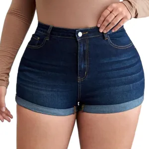 MapleHub Plus Size Denim Shorts Women High Waisted Ripped Folded Hem Jean Shorts