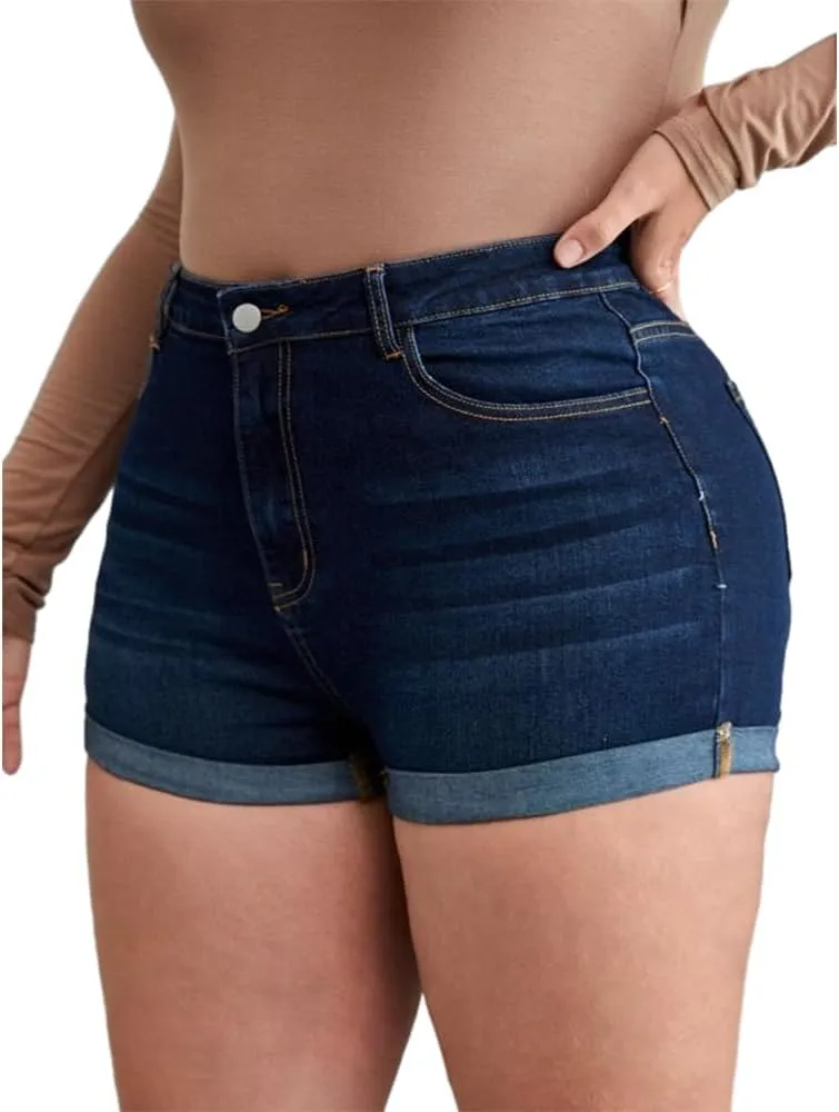 MapleHub Plus Size Denim Shorts Women High Waisted Ripped Folded Hem Jean Shorts