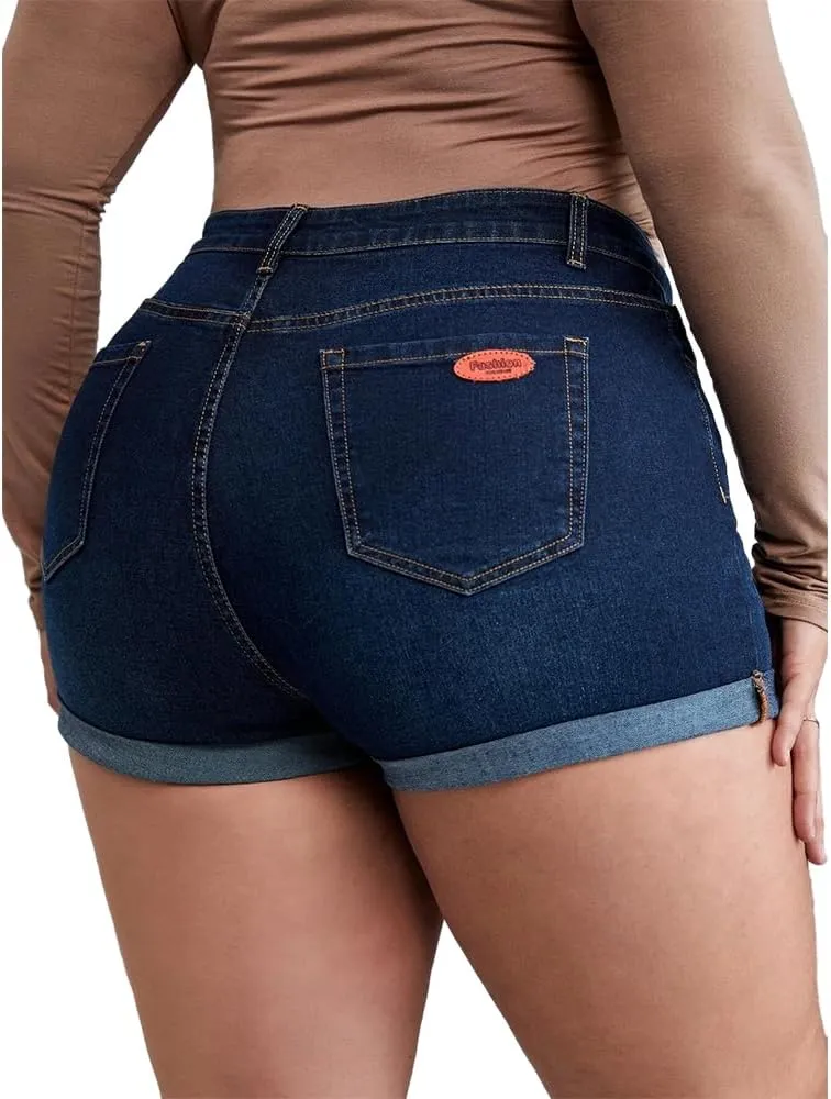MapleHub Plus Size Denim Shorts Women High Waisted Ripped Folded Hem Jean Shorts