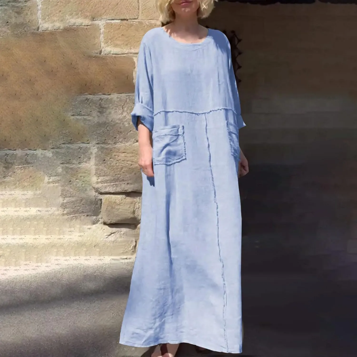 Maxi Dress for Women Cotton Linen Crewneck Flowy Beach Long Dresses Casual Long Sleeve Pleated Dresses with Pocket