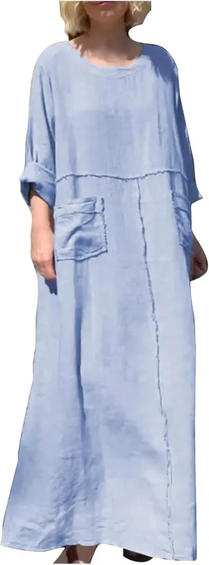 Maxi Dress for Women Cotton Linen Crewneck Flowy Beach Long Dresses Casual Long Sleeve Pleated Dresses with Pocket