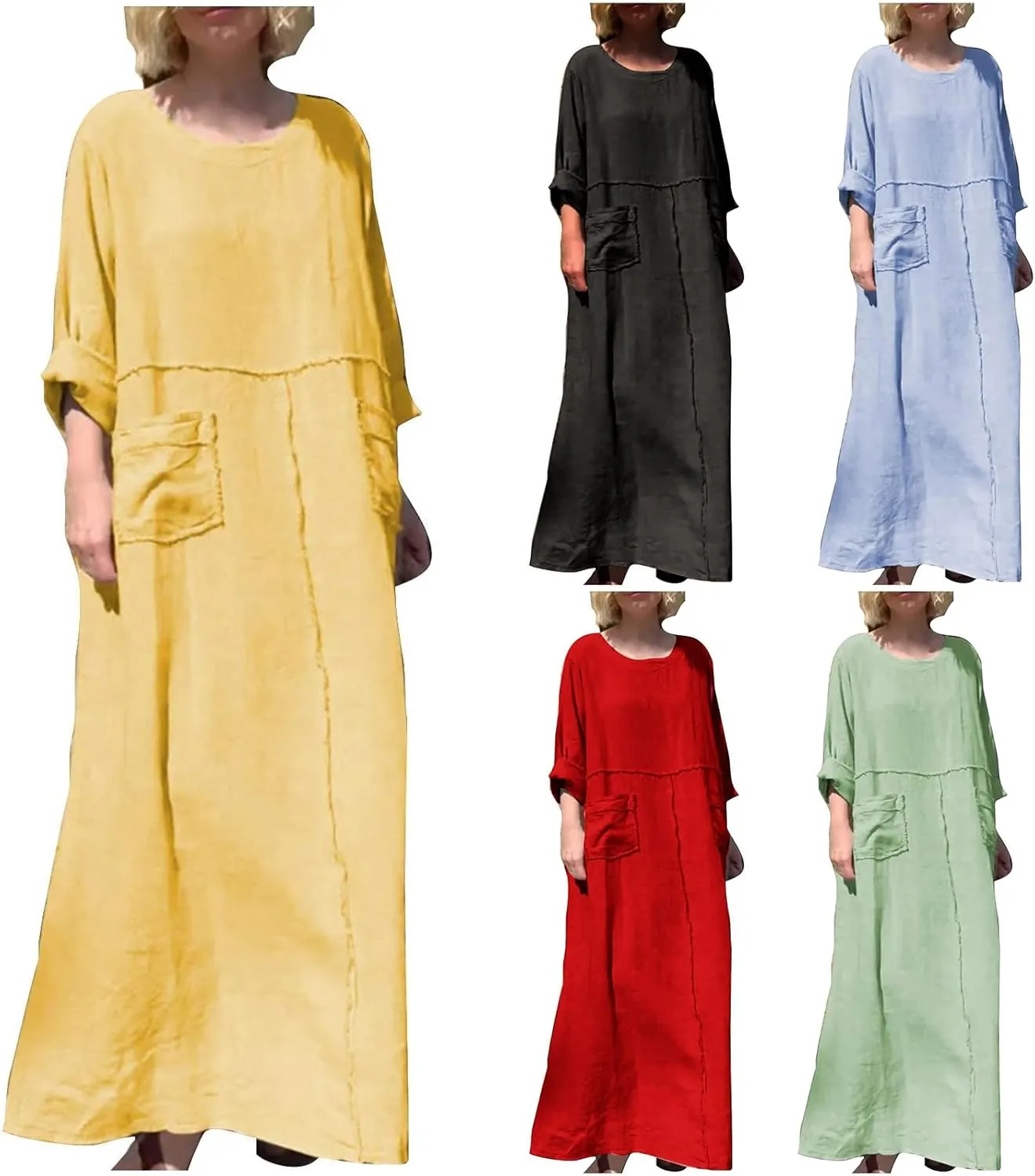 Maxi Dress for Women Cotton Linen Crewneck Flowy Beach Long Dresses Casual Long Sleeve Pleated Dresses with Pocket