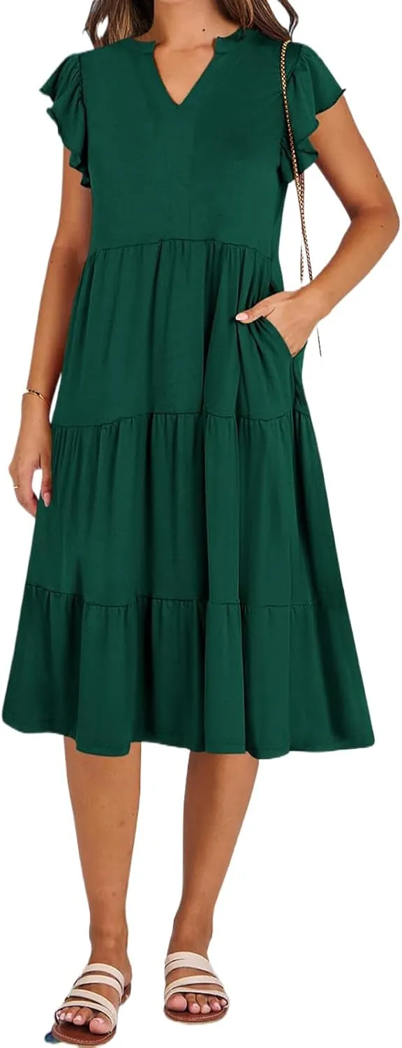Maxi Dresses for Women 2025 Sundress Ruffle Sleeve V Neck Dress Ruched Elegant Swing Dress with Pocket