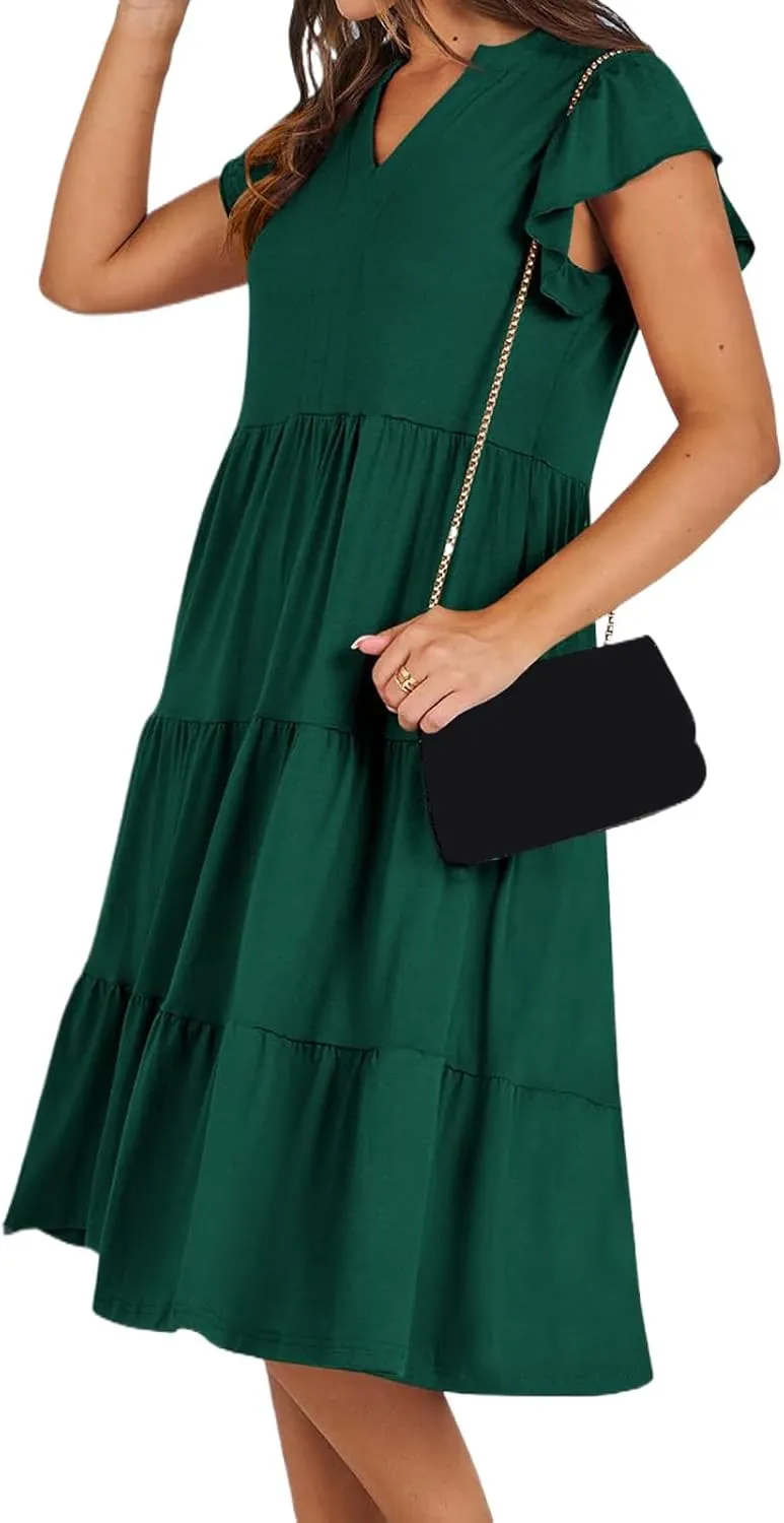 Maxi Dresses for Women 2025 Sundress Ruffle Sleeve V Neck Dress Ruched Elegant Swing Dress with Pocket