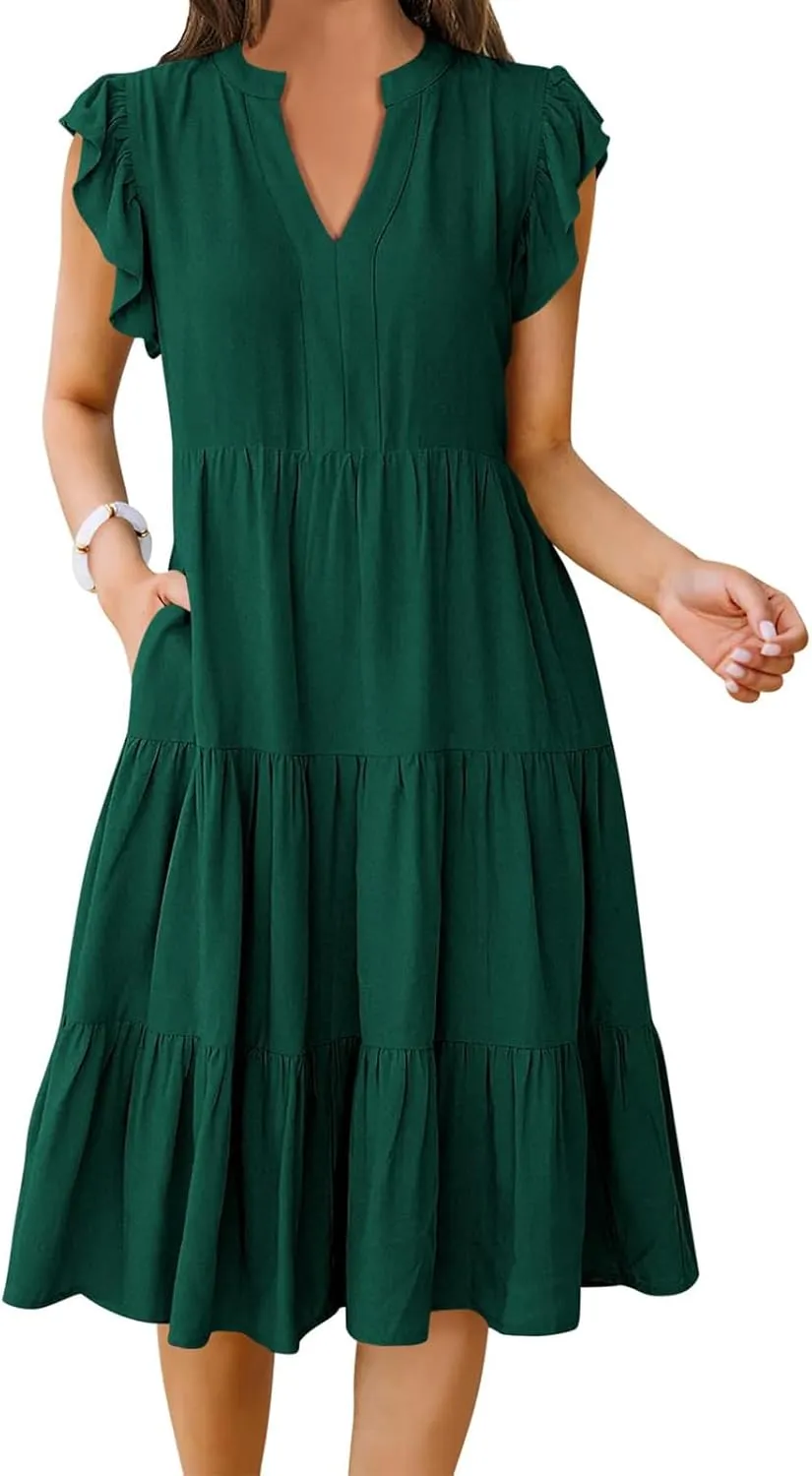 Maxi Dresses for Women 2025 Sundress Ruffle Sleeve V Neck Dress Ruched Elegant Swing Dress with Pocket