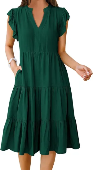 Maxi Dresses for Women 2025 Sundress Ruffle Sleeve V Neck Dress Ruched Elegant Swing Dress with Pocket