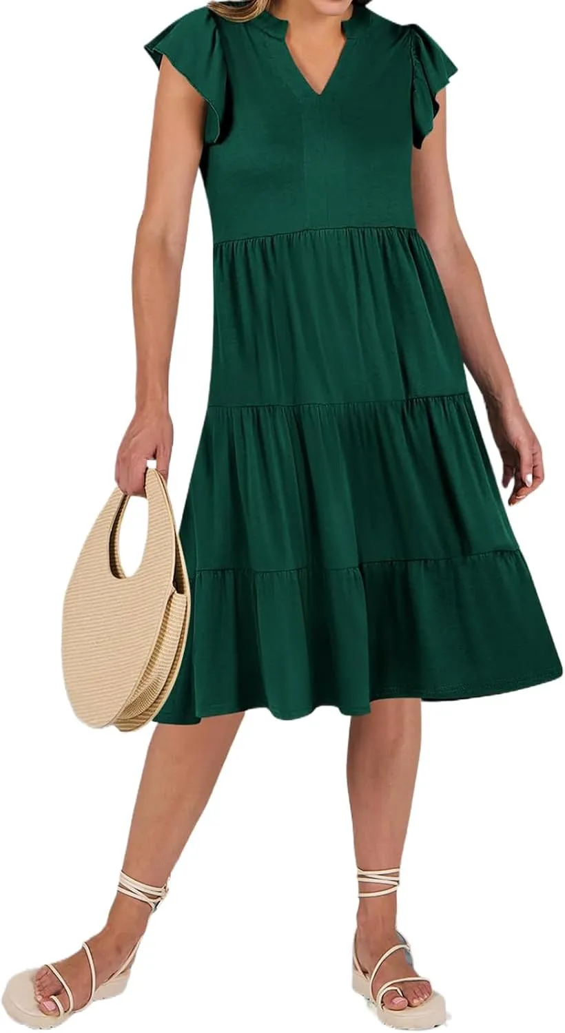 Maxi Dresses for Women 2025 Sundress Ruffle Sleeve V Neck Dress Ruched Elegant Swing Dress with Pocket