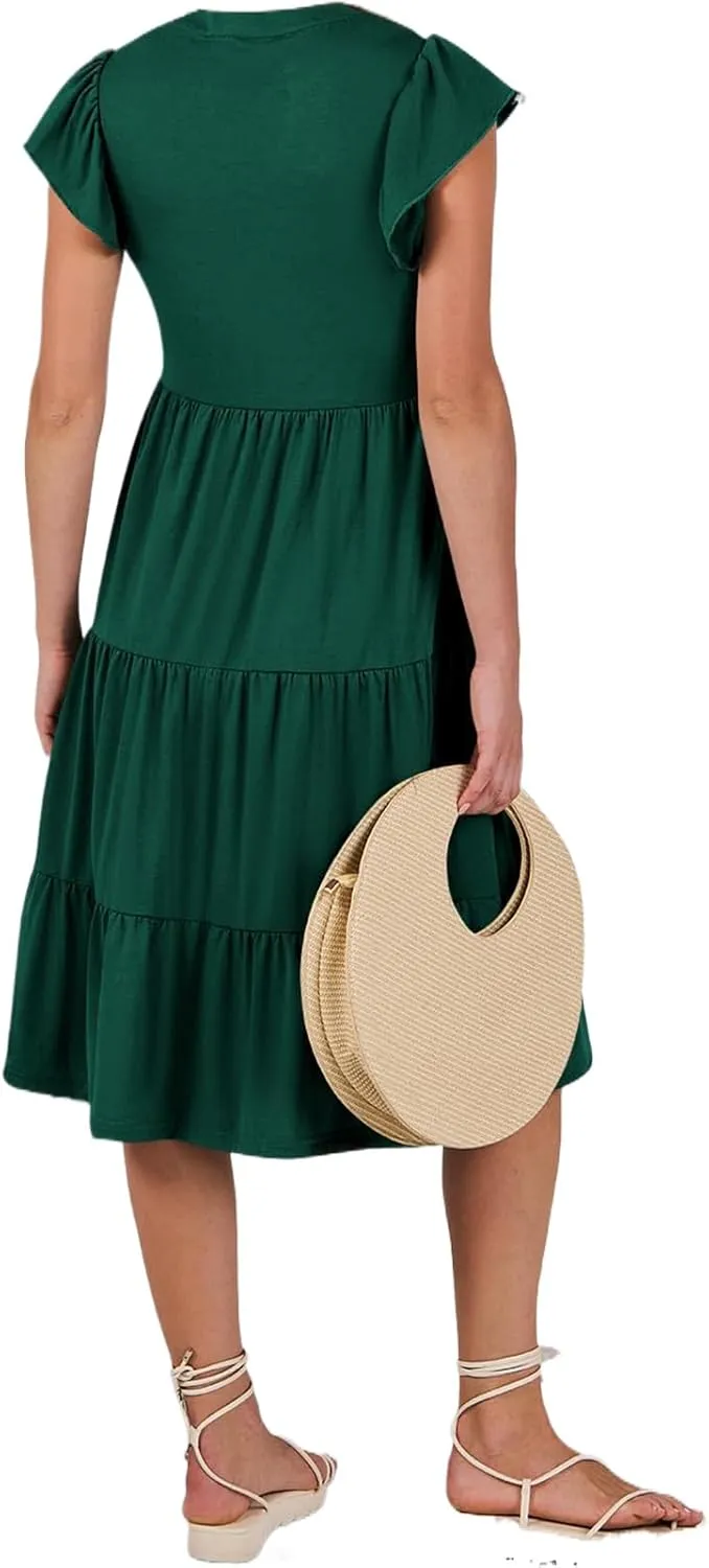 Maxi Dresses for Women 2025 Sundress Ruffle Sleeve V Neck Dress Ruched Elegant Swing Dress with Pocket