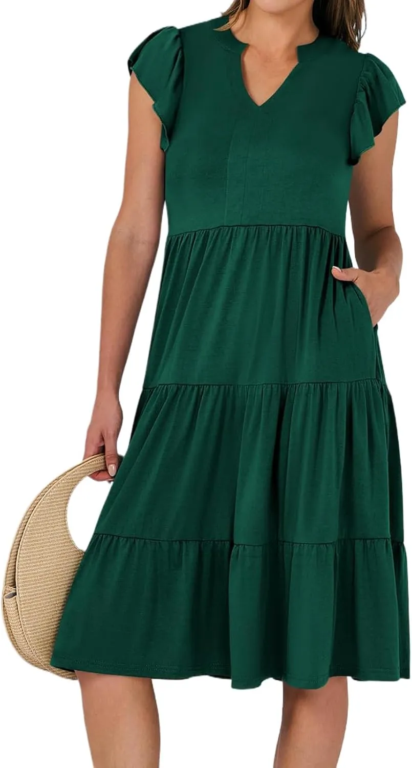 Maxi Dresses for Women 2025 Sundress Ruffle Sleeve V Neck Dress Ruched Elegant Swing Dress with Pocket