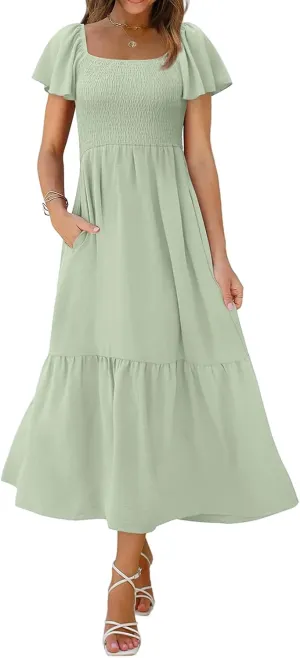 Maxi Dresses for Women Casual Square Neck Ruffle Short Sleeve Long Dress Fashion Smocked Elastic Waist Tiered Dress