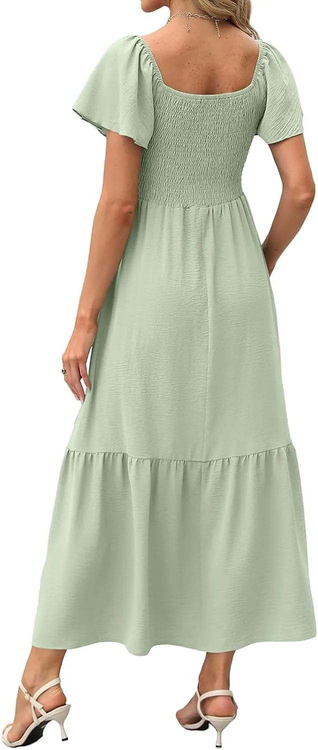 Maxi Dresses for Women Casual Square Neck Ruffle Short Sleeve Long Dress Fashion Smocked Elastic Waist Tiered Dress